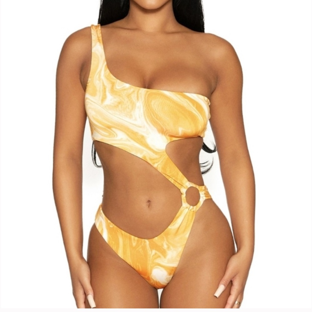 759 Naked Wardrobe One-Shoulder Swirl Cutout Swimsuit